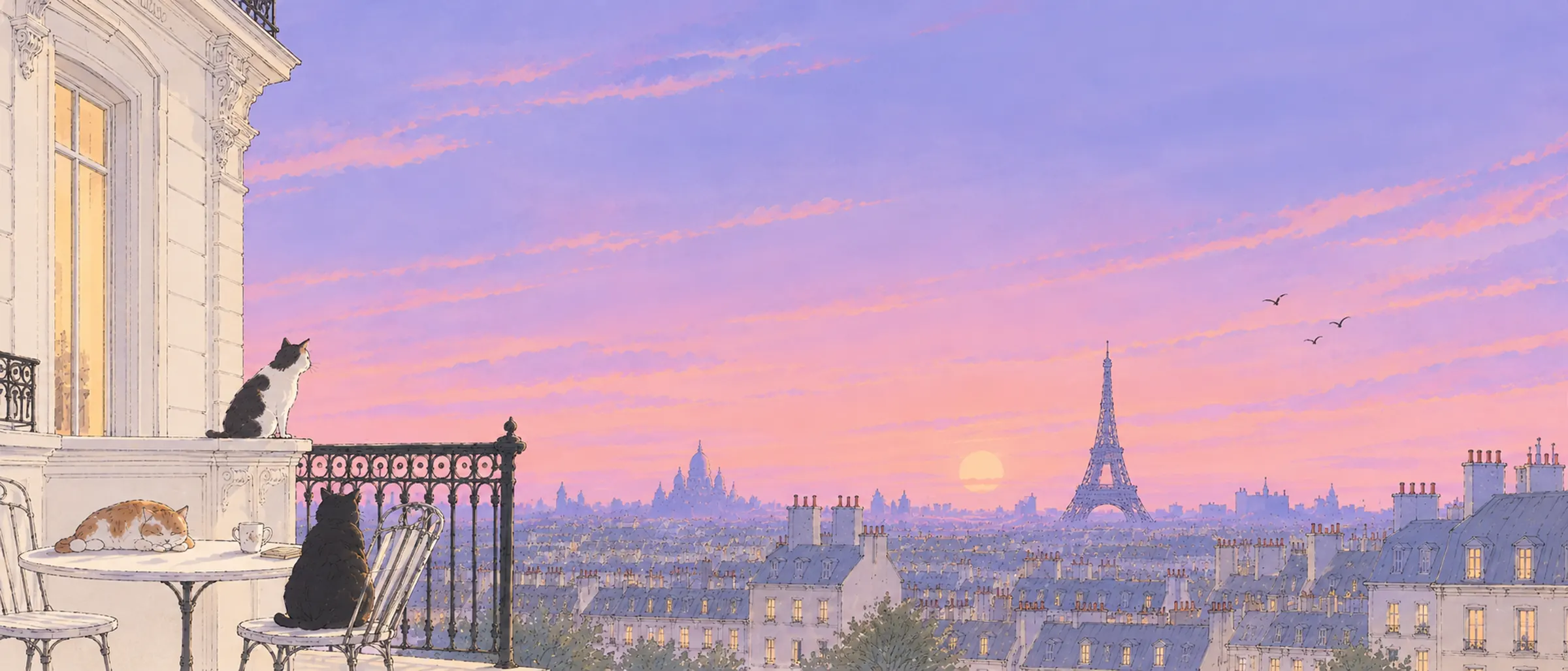 Trois chats sur un balcon haussmannien face aux toits de Paris et à la tour Eiffel au coucher du soleil